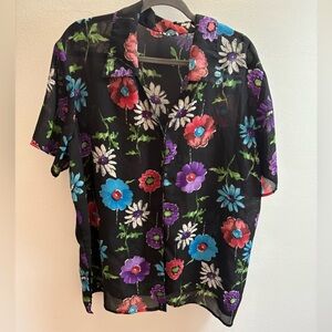 Liberty Apparel New York Black Floral Sheer V-Neck Blouse 2X